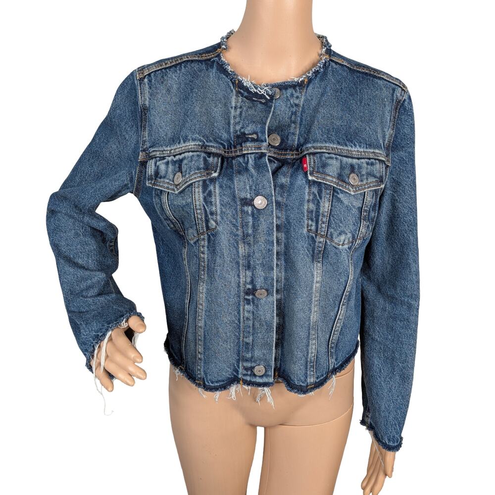 Levis Altered Trucker Denim Jacket Medium Wash Collarless Deconstructed Frayed M - Picture 2 of 10